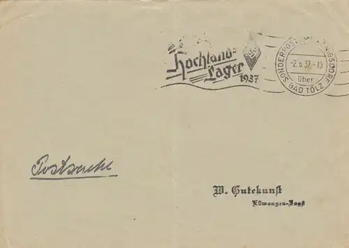 Postsache Kuvert 1937: Sonderpostamt Königsdorf über Bad Tölz, Hochland Lager HJ