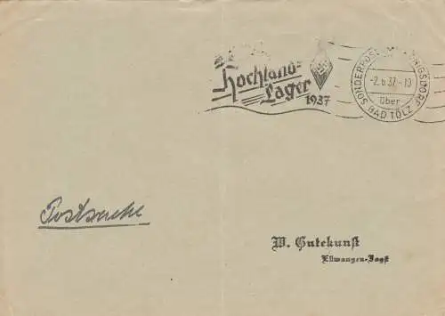 Postsache Kuvert 1937: Sonderpostamt Königsdorf über Bad Tölz, Hochland Lager HJ