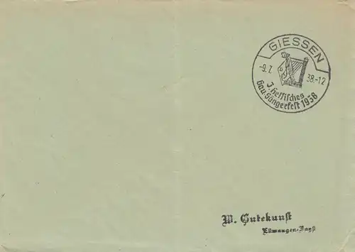 Postsache Kuvert 1938: Giessen 3. Hessisches Gau-Sängerfest, Harfe