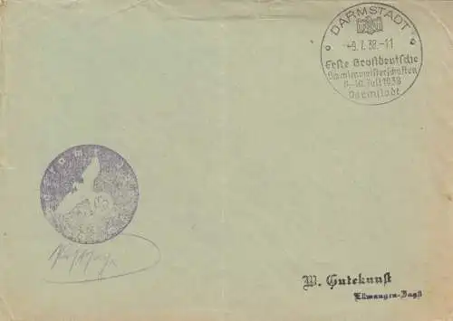 Postsache Kuvert 1938: Darmstadt: 1. Großdeutsche Schwimmmeisterschaften