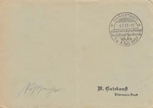 Postsache Kuvert 1937: Darmstadt: Schwimm-Länderkampf Deutschland-Frankreich