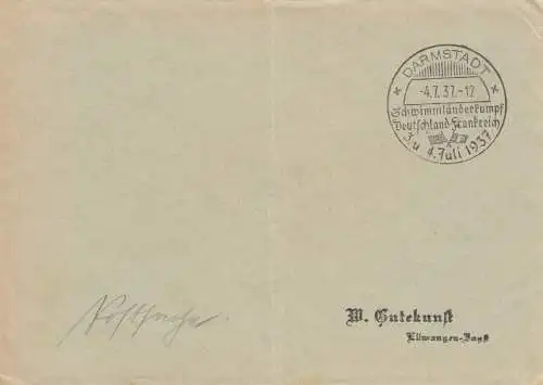Postsache Kuvert 1937: Darmstadt: Schwimm-Länderkampf Deutschland-Frankreich