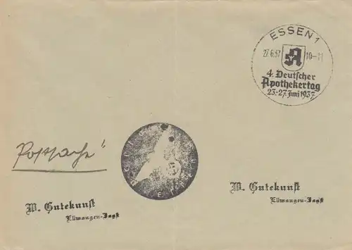 Affaire postale Kuvert 1937: Essen: 4ème jour de pharmacien allemand