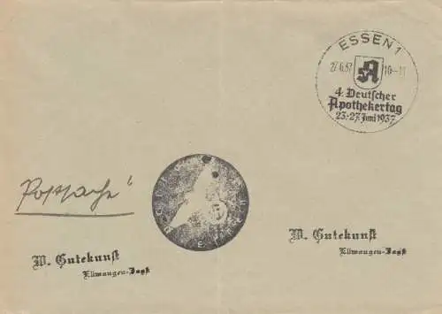 Affaire postale Kuvert 1937: Essen: 4ème jour de pharmacien allemand