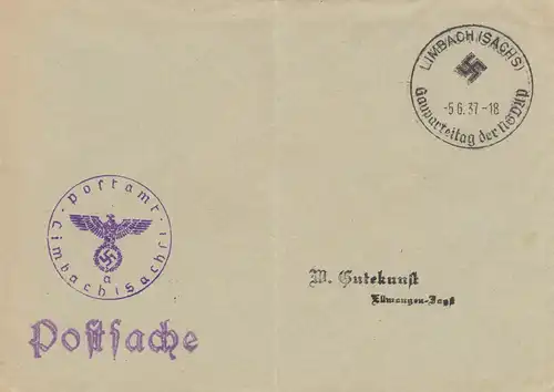 Postsache Kuvert 1938: Limbach/Sachsen: Gauparteitag der NSDAP