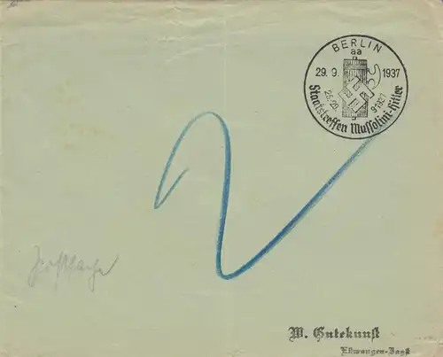 Postsache Kuvert 1937: Berlin Staatstreffen Mussolini-Hitler