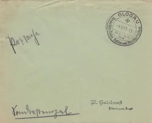 Postsache Kuvert 1938: Glogau: Niederschlesische Kultur- und Wirtschaftsschau