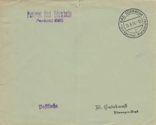 Postsache Kuvert 1937: Bad Dürkheim: Dürkheimer Wurstmarkt