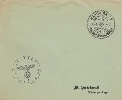 Postsache Kuvert 1938: Hamburg Postwertzeichen Schau-Jugend stellt aus: Museum 