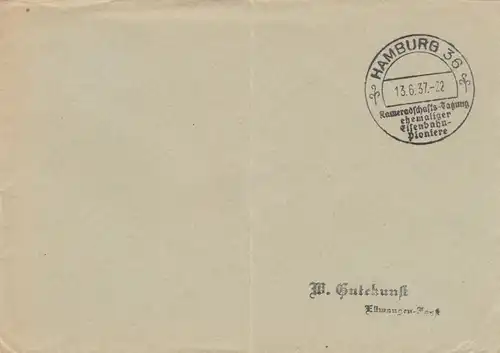 Postsache Kuvert 1938 Hamburg Kameradschaftstagung ehemaliger Eisenbahn Pioniere