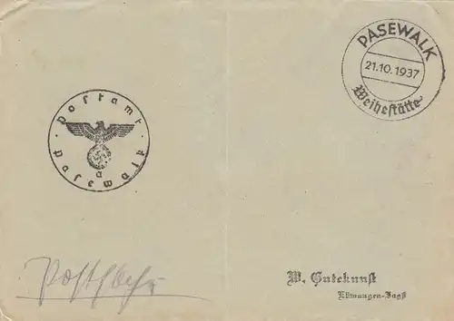 Postsache Kuvert 1937: Pasewalk Weihestätte