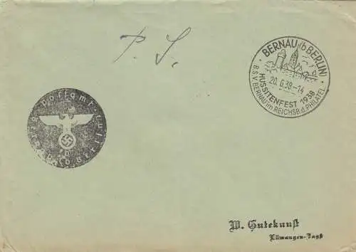 Postsache Kuvert 1938: Bernau bei Berlin, Hussitenfest