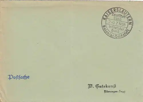 Postsache Kuvert 1938: Kaiserslautern Kolonial Volksfest: Deutsches Land