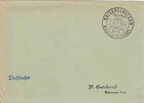 Postsache Kuvert 1938: Kaiserslautern Kolonial Volksfest: Deutsches Land