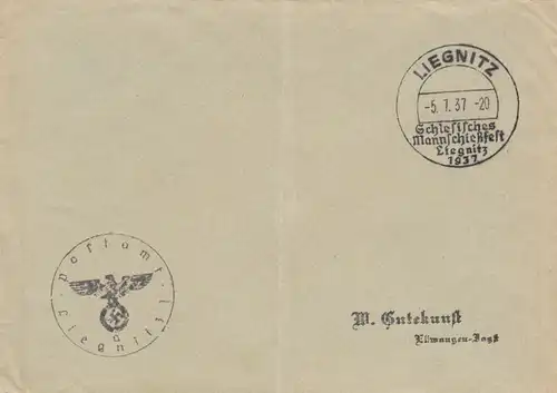 Affaire postale Kuvert 1937: Liegnitz Schlesisches Mannspiegelfest