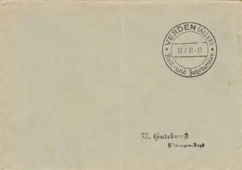 Postsache Kuvert 1937: Verden/Aller, Reit- und Fahrturniere