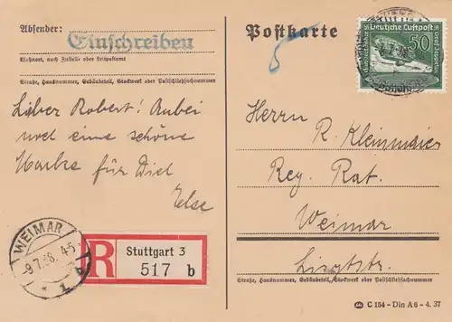 Carte postale recommandée Stuttgart vers Weimar, surfrankeniert 1938