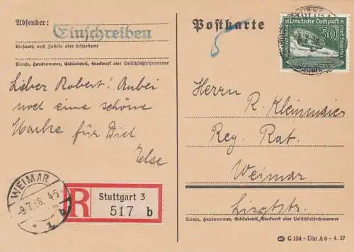 Einschreiben Postkarte Stuttgart nach Weimar, überfrankiert 1938