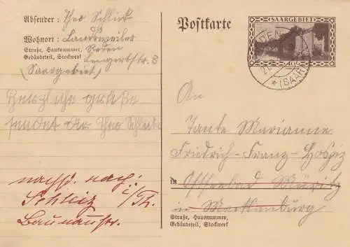 Carte postale 1934 Landweiler/Reden vers Offenbach Müritz