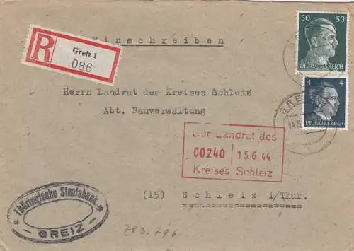 Einschreiben Greiz, Staatsbank nach Schleiz/Thüringen 1944