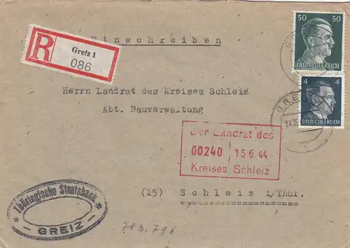 Inscrivez-vous Greiz, Staatsbank de Schleiz/Thüringen 1944
