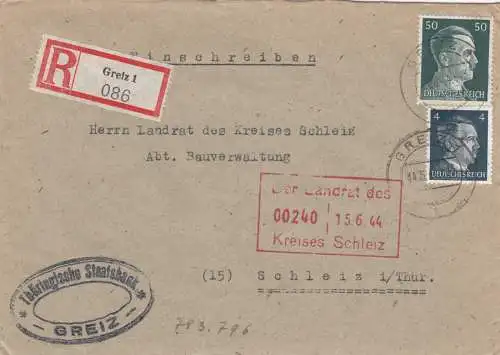 Inscrivez-vous Greiz, Staatsbank de Schleiz/Thüringen 1944