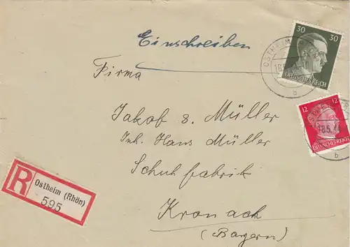 Einschreiben Ostheim/Rhön an Schuhfabrik 1944 in Kronach