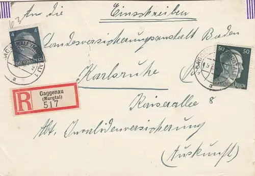 Lettre recommandé Gaggenau/Murgtal 1943 vers Karlsruhe