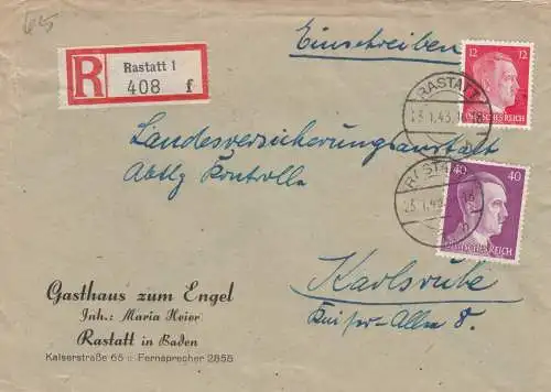 Einschreiben Rastatt 1943, Gasthaus zum Engel nach Karlsruhe