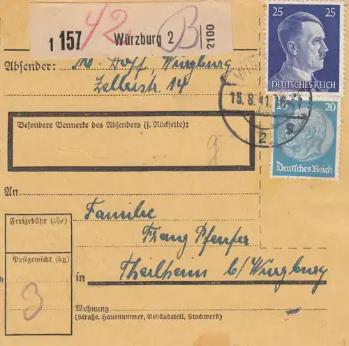 Paketkarte Würzburg 1941 nach Theilheim