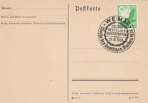 2x Postkarte Waimar 1938 Woche des Deutschen Buches, Dichtertreffen