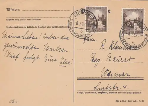 1938: Carte postale de Stuttgart à Weimar