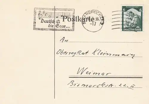 Saarbrücken 1935: Werbestempel: Die Saar auf Postkarte nach Weimar