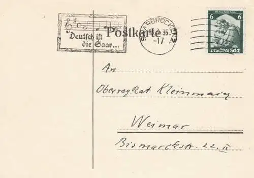Sarrebruck 1935: Tampon publicitaire: La Sarre sur carte postale à Weimar