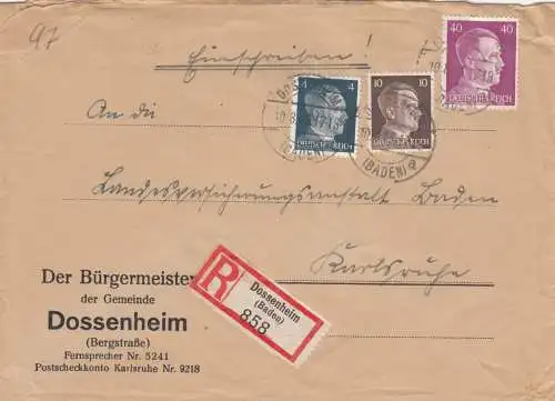 Einschreiben Dossenheimi/Baden, Bürgermeister 1943 nach Karlsruhe
