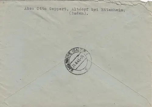 Einschreiben Altdorf bei Ettenheim 1943 nach Karlsruhe