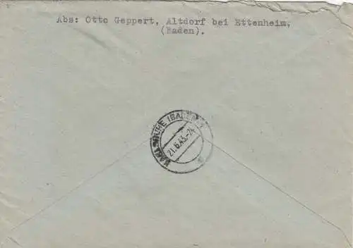 Einschreiben Altdorf bei Ettenheim 1943 nach Karlsruhe