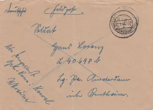 Lettre du courrier du service allemand Ukraine 1943 à L40698b, Amsterdam