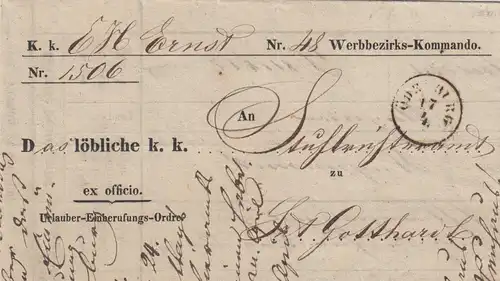 Lettre 1856 - Commandement de district de Werb, Körmer, Gotthard
