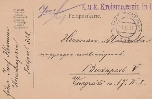 Feldpostkarte 1918 KuK Feldpostamt Kreismagazin FP 338 nach Budapest