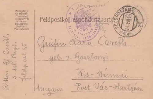 Feldpostkarte 1915 Feldpostamt Nr. 25 nach Ungarn
