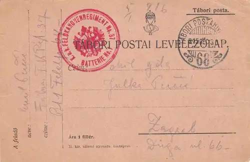 Tabori Postai Levelezolap FPN° 68 vers Zagreb 1915