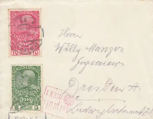 1915 Brief nach Dresden, überprüft in Wien