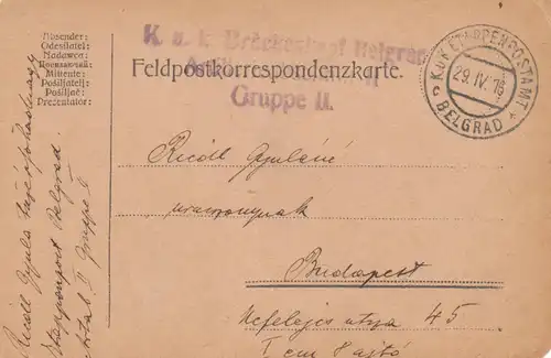 Carte postale de terrain 1916, Kuk Postal de Belgrade, Pont-de-Pont à Budapest
