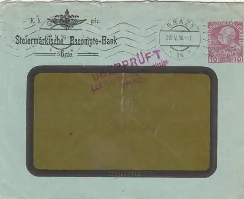 1916: Steiermärkische Bank Granz, überprüft, Zensur Graz