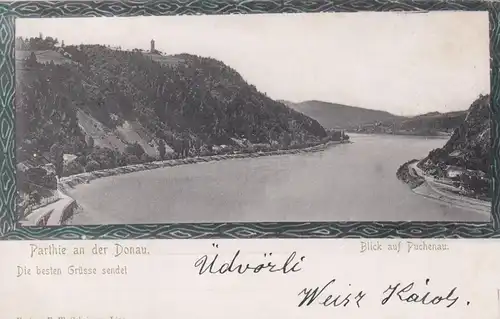 Ansichtskarte Blick auf Puchenau, 1890, von Linz nach Budapest