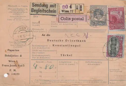 Paketkarte mit Begleitschein, Colis postal, von Wien nach Konstantinopel 1916