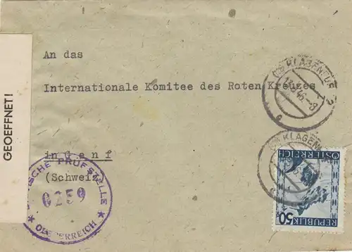 1946: Klagenfurt an das DRK in Genf, Zensur