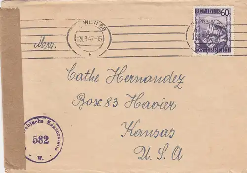 1947 Wien nach Kansas/USA mit Zensur