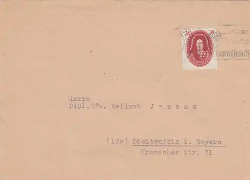 SBZ: 1949: Brief Leipzig, Achtet auf den Kartoffelkäfer nach Lichtenfels i. Bay.